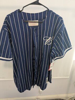 Navy and white Budweiser striped baseball jersey